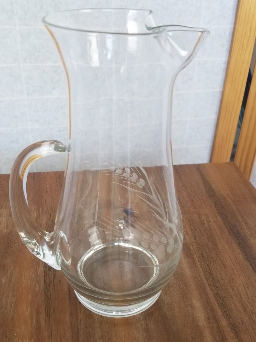 MCM Vintage Barware Curvy Glass Pitcher w/ Handle Wheat Etching Ice Guard 9"